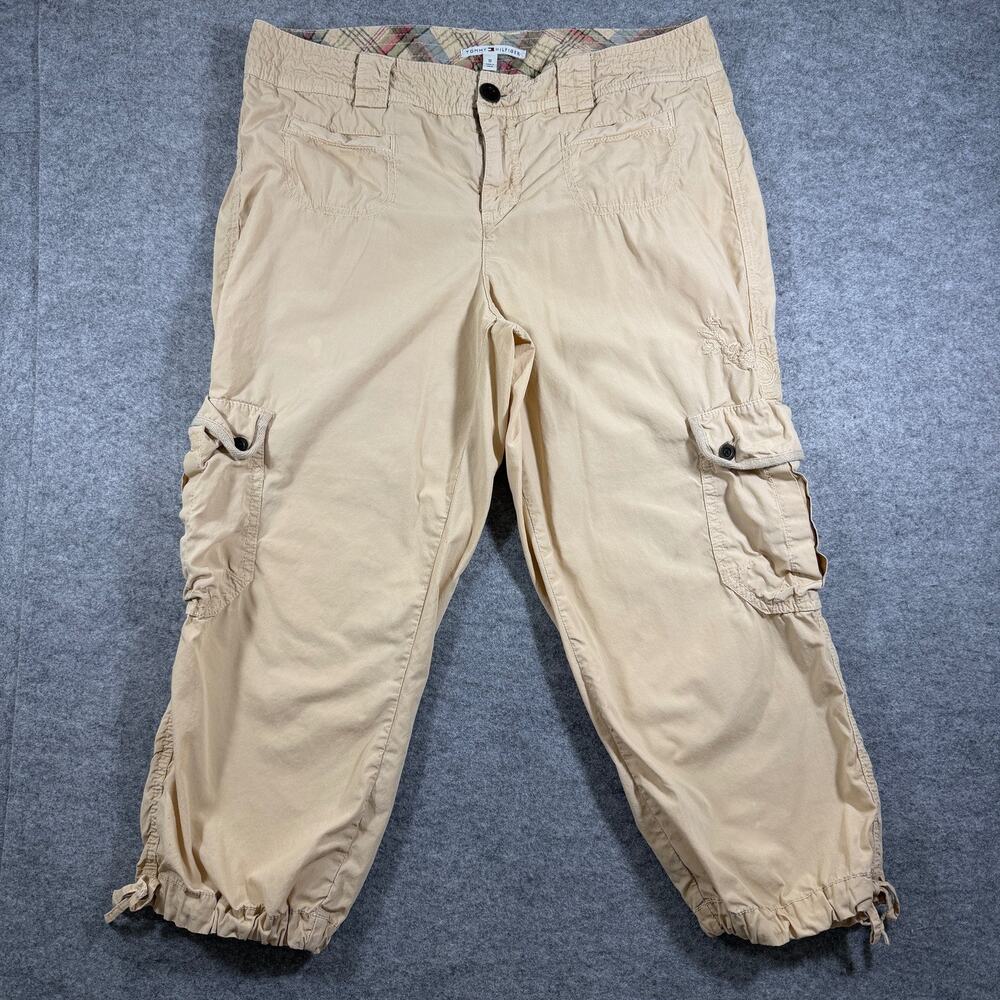 VTG Tommy Hilfiger Cargo Capri Pants Womens 12 Khaki Cotton Cropped Embroidered